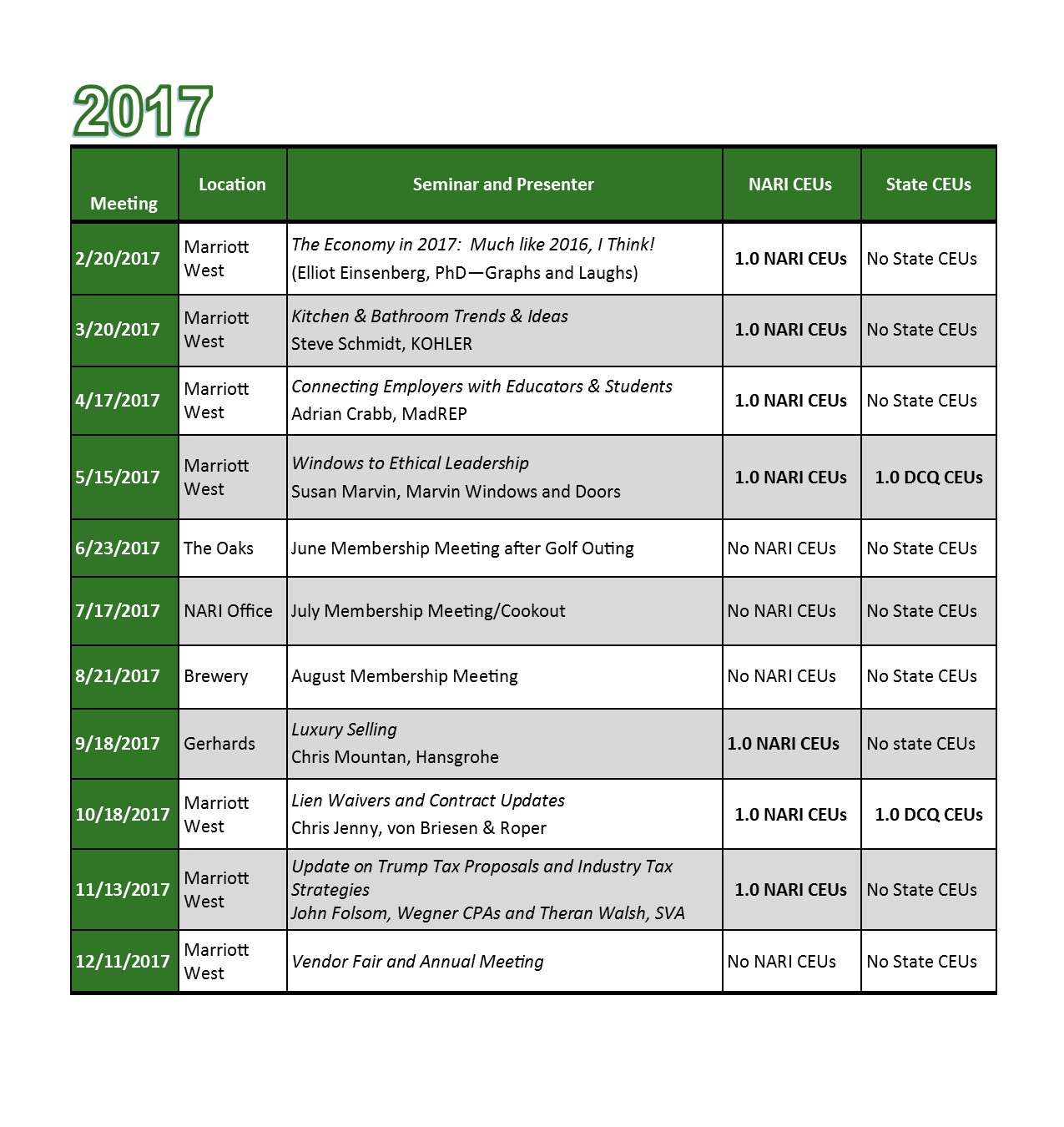 Continuing Ed Schedule 2017